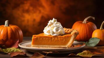 A slice of pumpkin pie on a plate with whipped cream and surrounded by pumpkins. photo