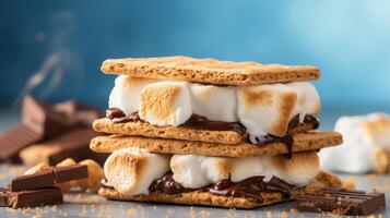 A s'more with chocolate and marshmallows on a graham cracker. photo