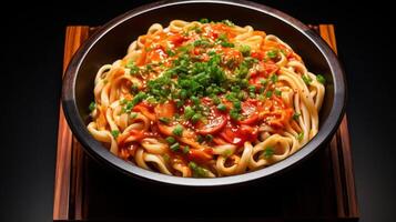 A bowl of noodles with a savory sauce and garnish. photo