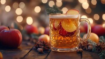 A glass of apple cider with sliced apples and a sprig of rosemary photo