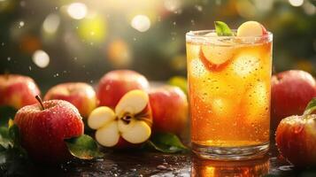 Freshly squeezed apple juice with apples on side photo