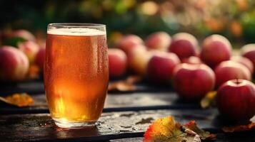 Glass of beer with apples in background photo