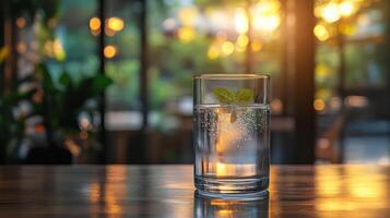 Refreshing drink of water with a sprig of mint photo