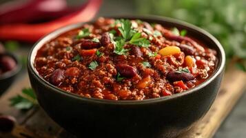 A bowl of chili with beans and herbs on top photo