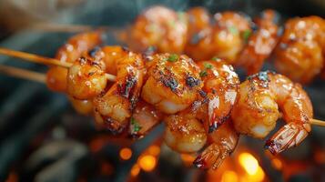 close-up of shrimp on skewers being grilled photo