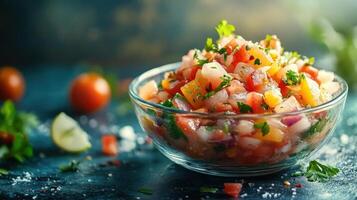 A bowl of fresh salsa with tomatoes and herbs photo
