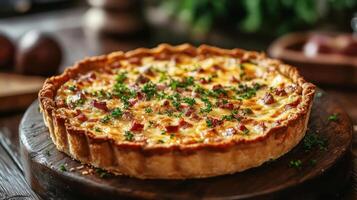 A quiche lorraine on a wooden table with greenery in the background. photo