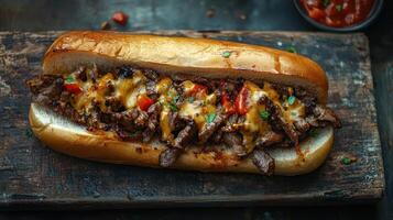 A cheesesteak sandwich with melted cheese and meat on a roll. photo
