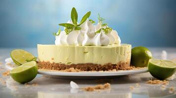 Lime pie with whipped cream and lime wedges on a plate. photo