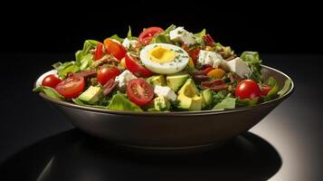 A healthy salad with mixed greens and various toppings photo