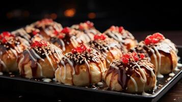 Delicious donut-shaped sushi with sweet and savory toppings. photo