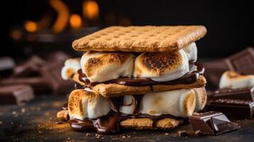 A stack of graham crackers with toasted marshmallows and chocolate photo