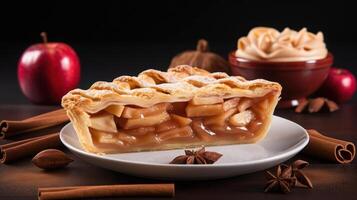 Slice of apple pie on a plate with apples and spices photo
