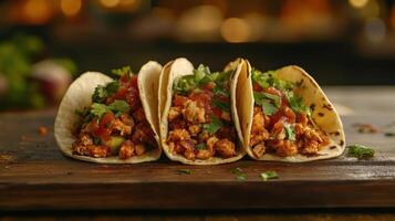 Five tacos with meat and toppings on a wooden table photo