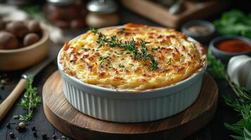 A dish with mashed potatoes on top of a wooden table photo