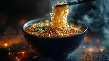 Chopsticks in bowl of ramen noodles photo