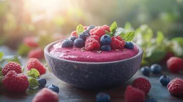Raspberry Smoothie Bowl with Fresh Berries and Granola photo