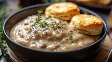 Bowl of creamy soup with biscuits and herbs photo