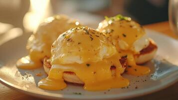 Eggs Benedict with Hollandaise Sauce on Toasted English Muffins photo