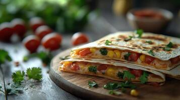 Stacked quesadillas with cheese and veggies on a wooden table photo