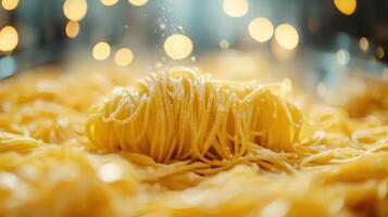 Close-up of spaghetti with blurred lights in background photo