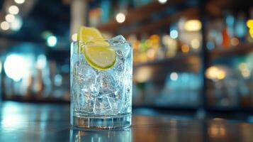 Clear glass with ice and lime slices on a bar photo