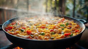 A large pan of yellow rice and vegetables cooking over an open flame photo