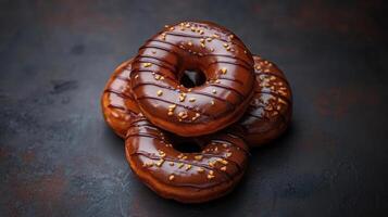 Stack of chocolate glazed donuts with nuts on top photo