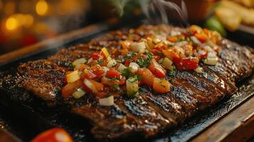 Grilled steak topped with a flavorful salsa photo