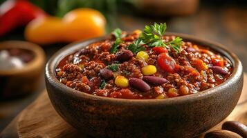 A bowl of chili with garnish on top photo