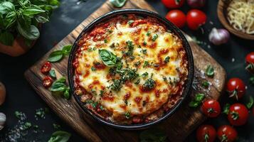 A delicious-looking lasagna dish topped with melted cheese and fresh basil leaves photo