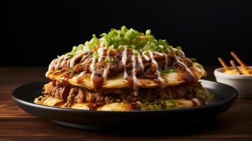A Japanese dish topped with a savory sauce photo