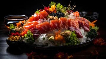 A plate of sashimi with salmon and vegetables photo