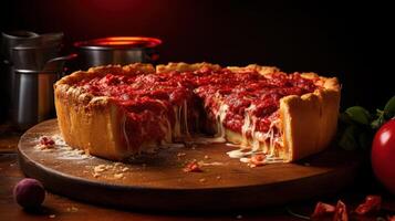 A Chicago-style deep-dish pizza with melted cheese and tomato sauce. photo