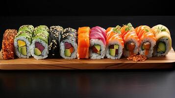 A colorful array of sushi rolls on a wooden plate. photo