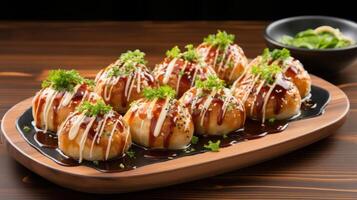 Japanese Takoyaki on a plate with sauce and garnish photo