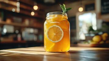 A glass of lemonade with a slice of lemon photo