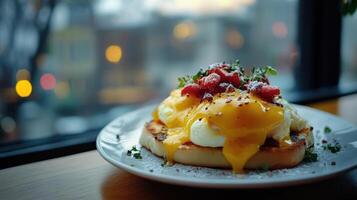 Eggs Benedict on toasted English muffins photo