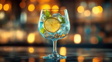 A refreshing cocktail with a slice of lemon and sprigs of mint. photo