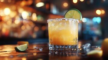 A refreshing cocktail with salted rim and lime wedge photo