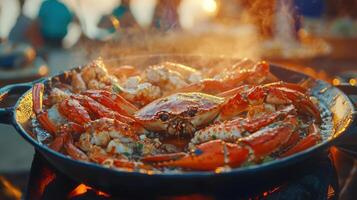 A large pan of spicy crabs cooking on a grill. photo