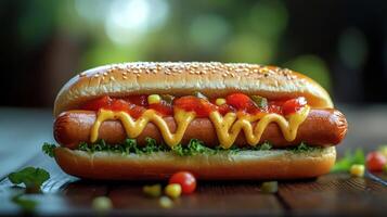 A hot dog with ketchup and cheese on it photo