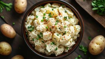 A delicious and creamy potato salad with herbs. photo