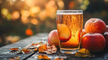 A glass of apple cider with apples and leaves around it. photo