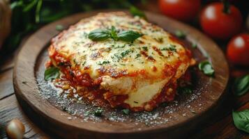 A delicious lasagna dish with melted cheese and tomato sauce. photo