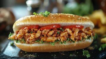 A delicious looking sandwich with meat and vegetables. photo