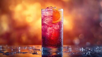 A refreshing red cocktail with ice and an orange slice photo