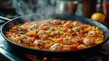 pan of shrimp and rice with parsley sprinkled on top photo
