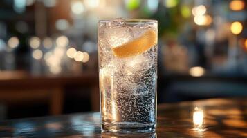 Glass of sparkling water with lemon slice on bar counter photo