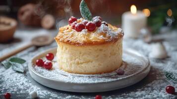 A small round cake on a plate, topped with powdered sugar and cranberries. photo